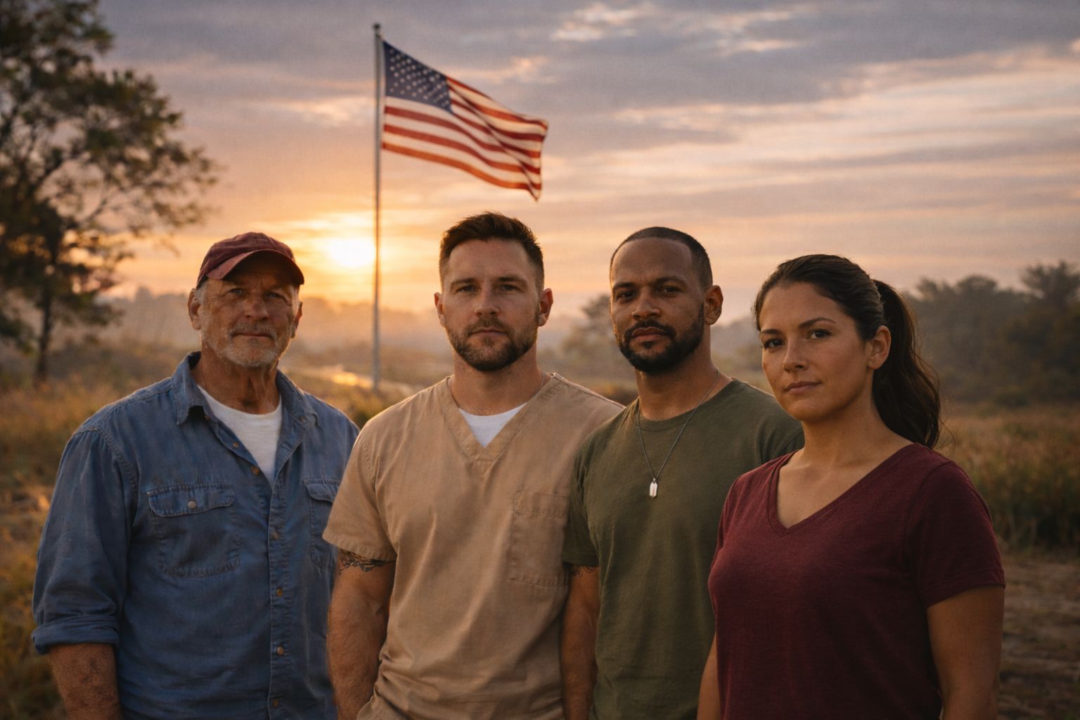 Veterans standing together at sunrise beneath the American flag